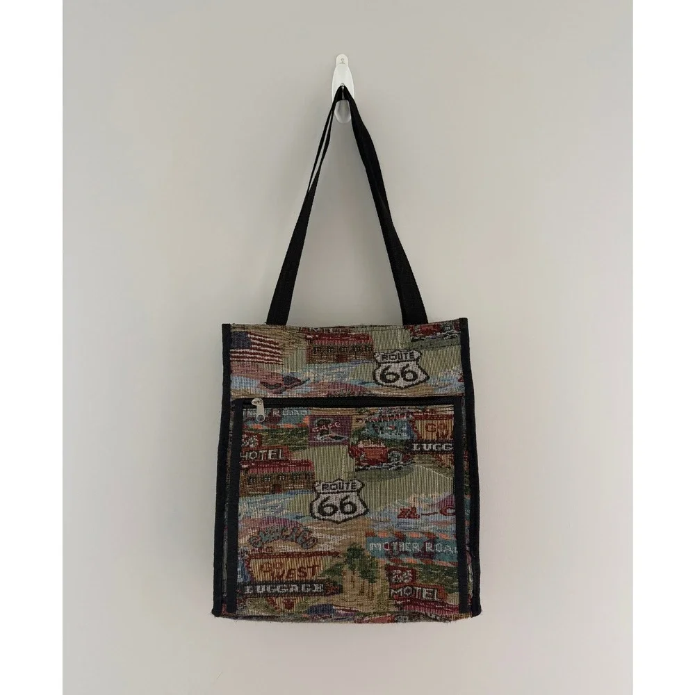 Tapestry Tote Bag Route 66 Zip‎ Closure Double Strap Zip Pocket Velcro Pocket